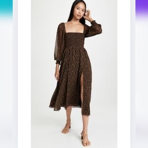 o.p.t Classic Smocked Maxi Dress size L Black Floral Slit Classic Lux 0556-AW